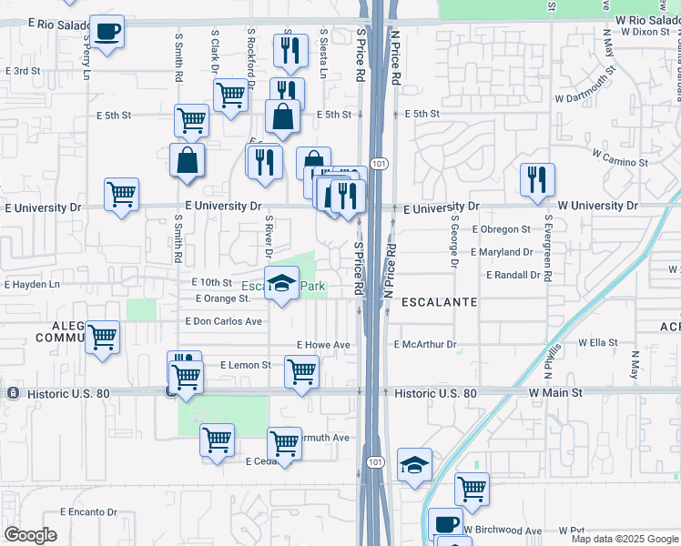 map of restaurants, bars, coffee shops, grocery stores, and more near 2143 East Center Lane in Tempe