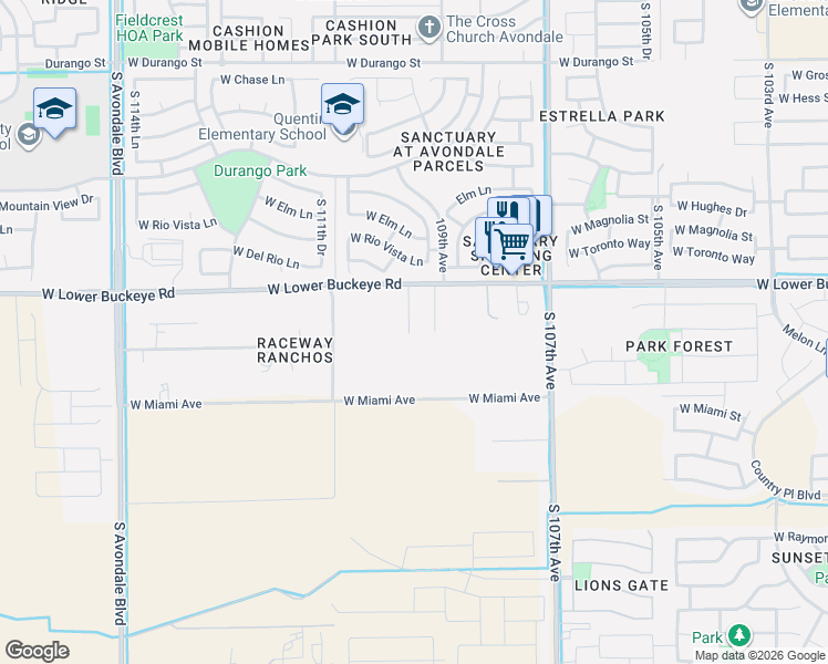 map of restaurants, bars, coffee shops, grocery stores, and more near 10931 West Lower Buckeye Road in Tolleson