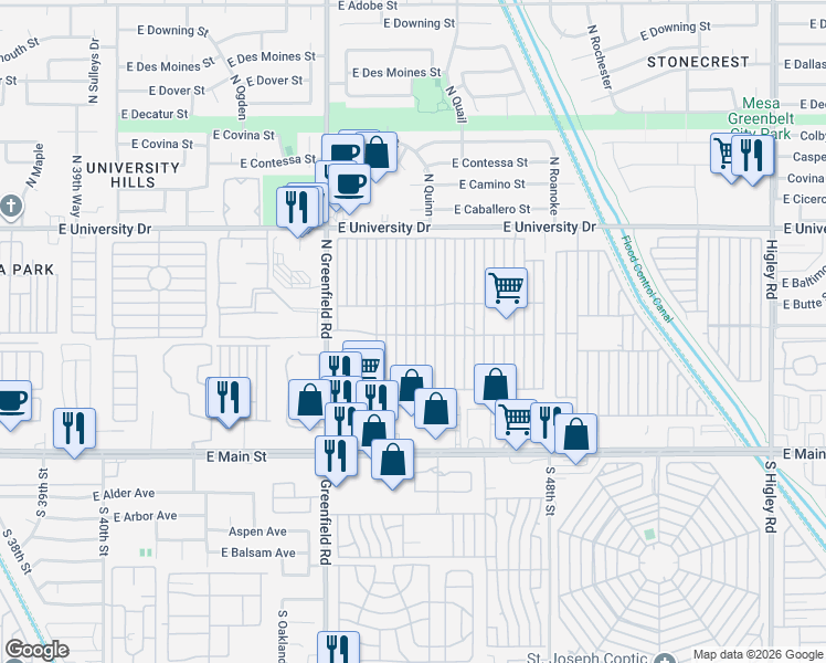 map of restaurants, bars, coffee shops, grocery stores, and more near N Mesa Regal Recreation Veh Park in Mesa