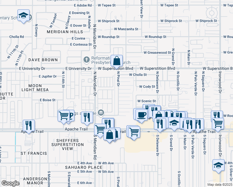 map of restaurants, bars, coffee shops, grocery stores, and more near 540 North Pinal Drive in Apache Junction
