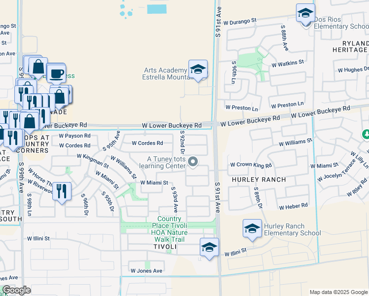 map of restaurants, bars, coffee shops, grocery stores, and more near 2912 South 92nd Drive in Tolleson