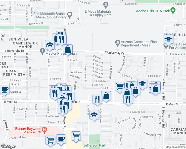 map of restaurants, bars, coffee shops, grocery stores, and more near 215 North Power Road in Mesa