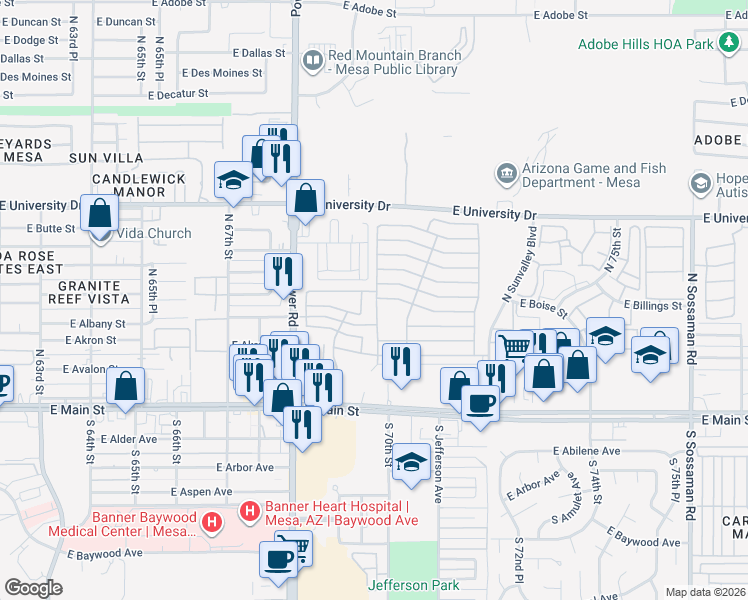 map of restaurants, bars, coffee shops, grocery stores, and more near 6929 East Boise Street in Mesa