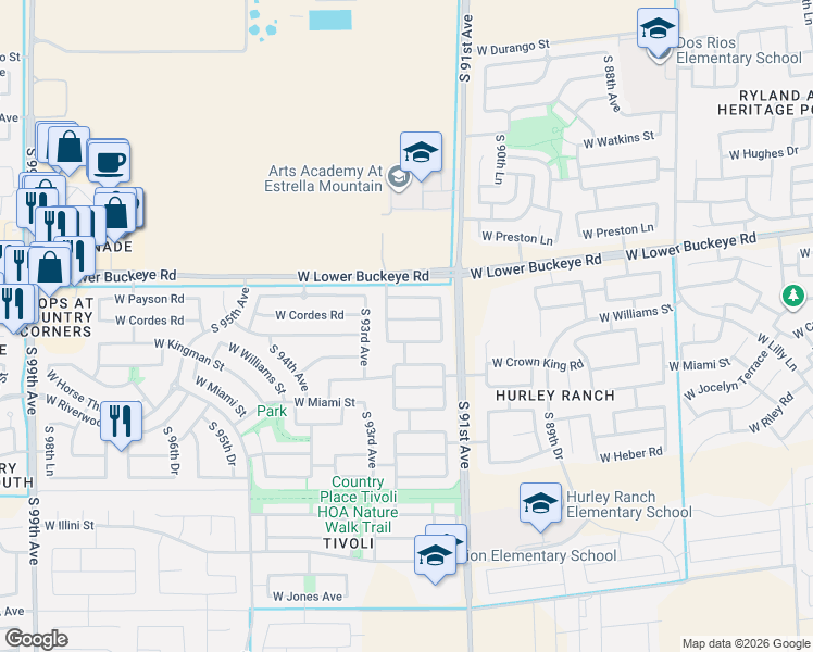 map of restaurants, bars, coffee shops, grocery stores, and more near 9116 West Cordes Road in Tolleson