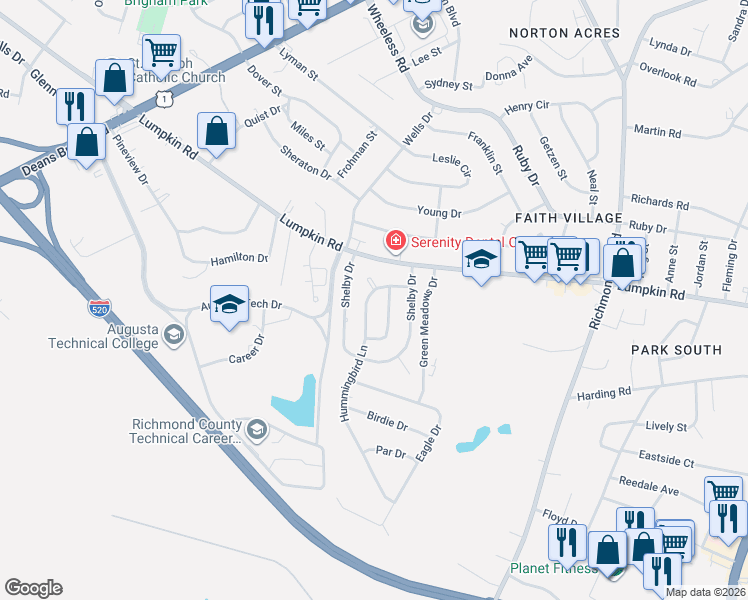 map of restaurants, bars, coffee shops, grocery stores, and more near 2915 Hummingbird Lane in Augusta