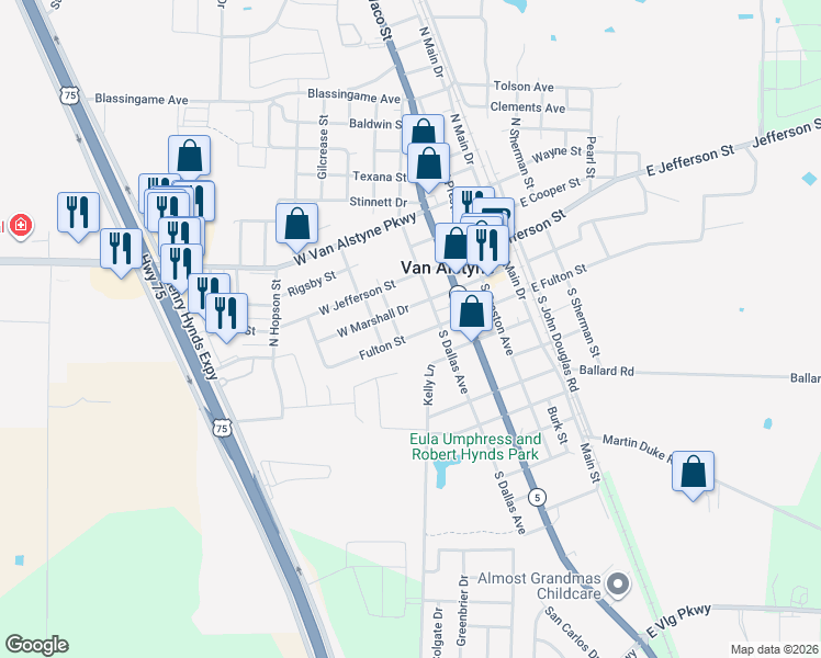 map of restaurants, bars, coffee shops, grocery stores, and more near 265 East Marshall Street in Van Alstyne