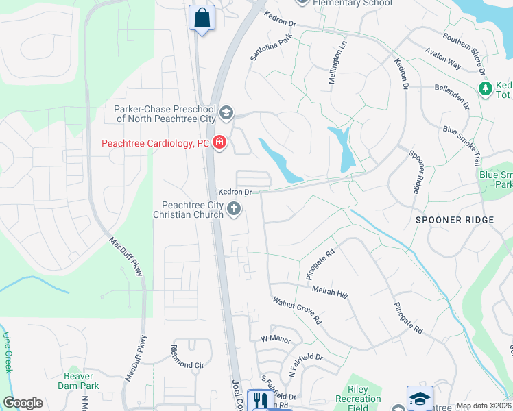 map of restaurants, bars, coffee shops, grocery stores, and more near 427 Walnut Grove Road in Peachtree City