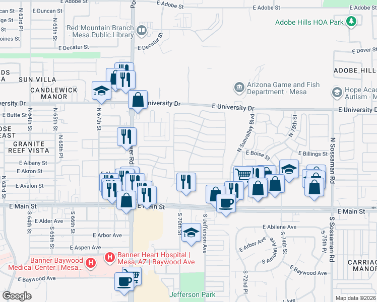 map of restaurants, bars, coffee shops, grocery stores, and more near 215 North Power Road in Mesa