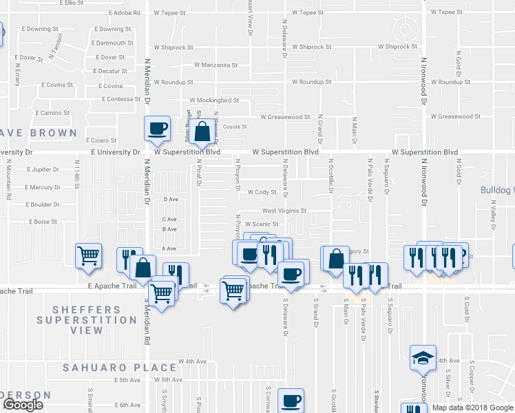 map of restaurants, bars, coffee shops, grocery stores, and more near 2554 West Virginia Street in Apache Junction