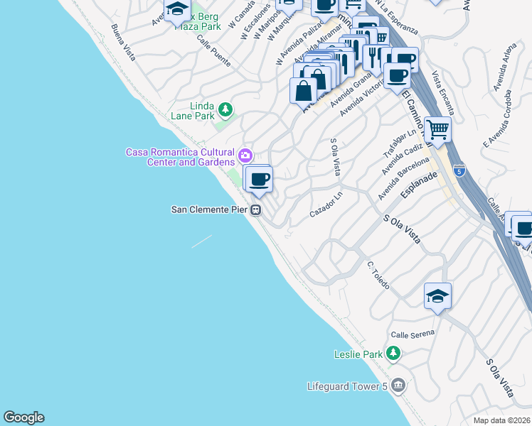 map of restaurants, bars, coffee shops, grocery stores, and more near 606 Avenida Victoria in San Clemente