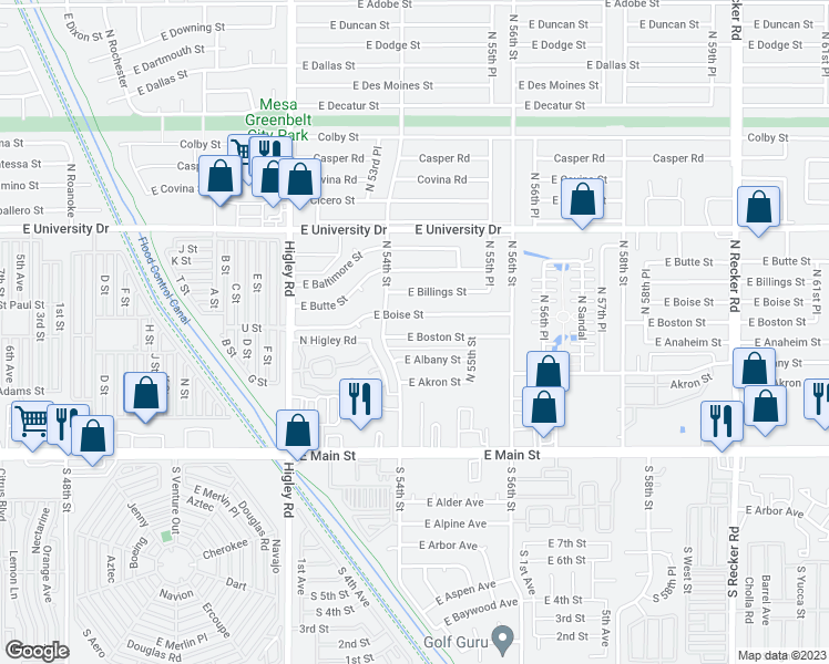 map of restaurants, bars, coffee shops, grocery stores, and more near 5434 East Boston Street in Mesa