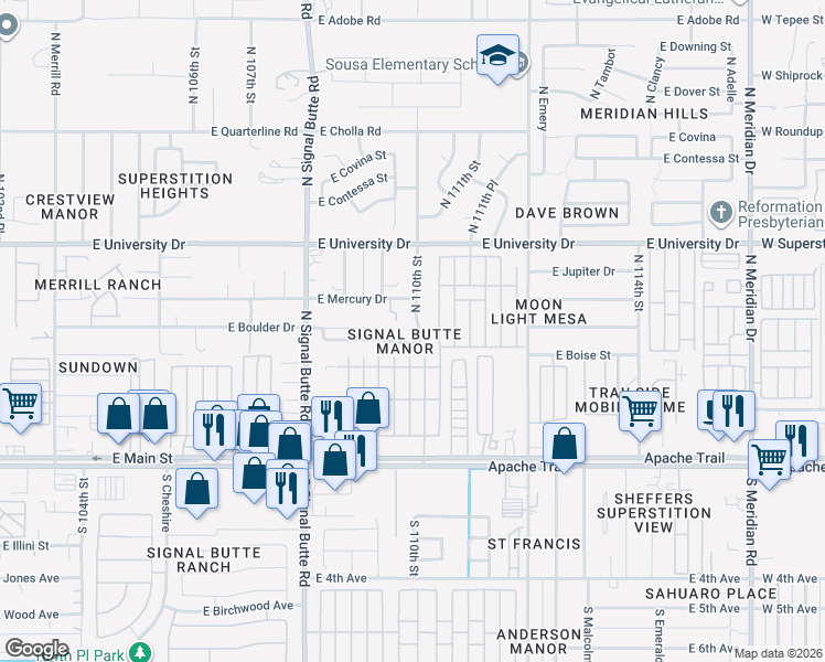 map of restaurants, bars, coffee shops, grocery stores, and more near 238 North 110th Street in Apache Junction