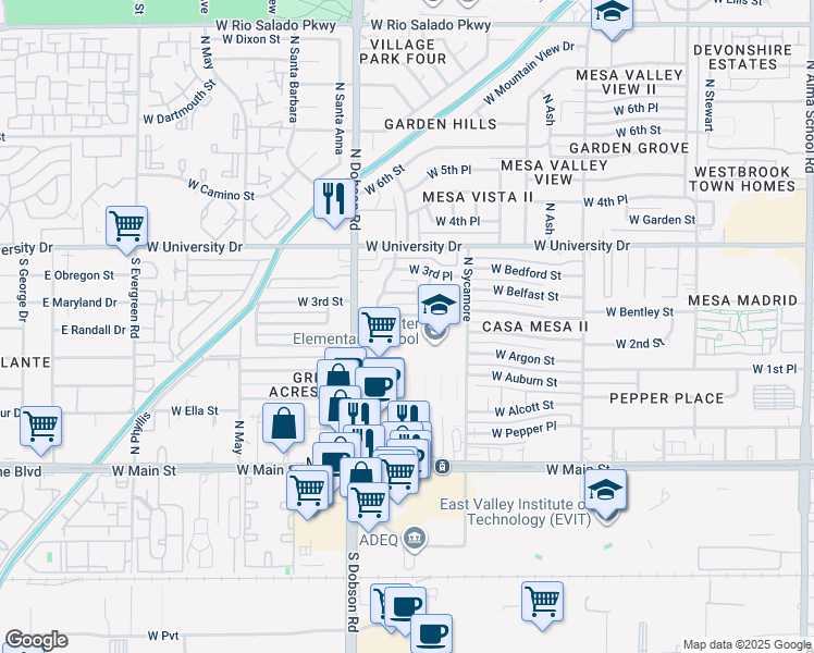 map of restaurants, bars, coffee shops, grocery stores, and more near 1928 West 2nd Place in Mesa