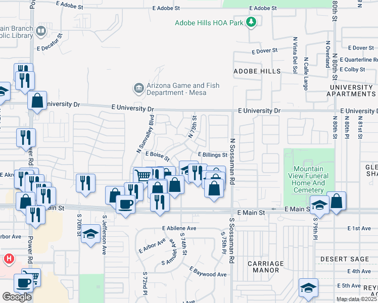 map of restaurants, bars, coffee shops, grocery stores, and more near 205 North 74th Street in Mesa