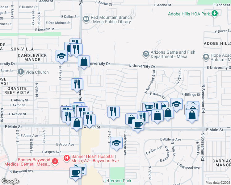 map of restaurants, bars, coffee shops, grocery stores, and more near 215 North Power Road in Mesa