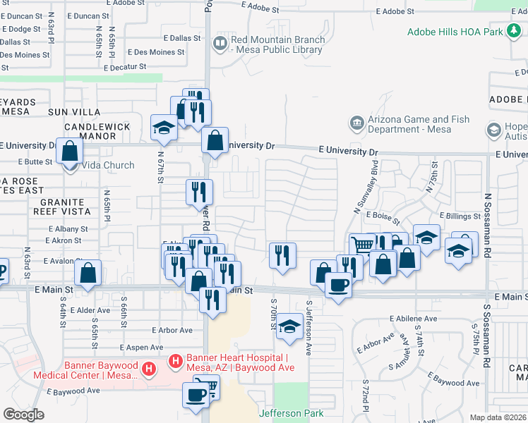 map of restaurants, bars, coffee shops, grocery stores, and more near 6929 East Boise Street in Mesa