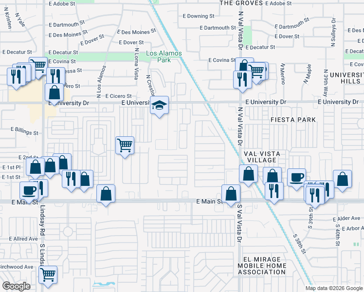 map of restaurants, bars, coffee shops, grocery stores, and more near 3345 East University Drive in Mesa