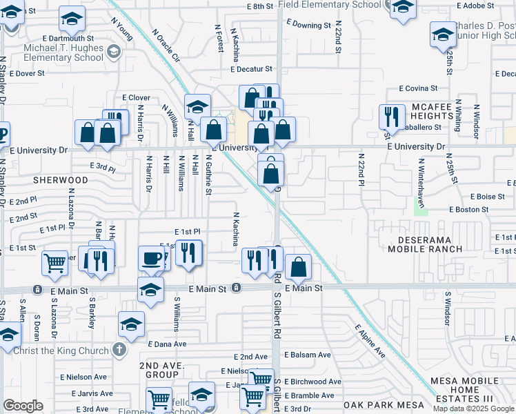 map of restaurants, bars, coffee shops, grocery stores, and more near 214 North Gilbert Road in Mesa