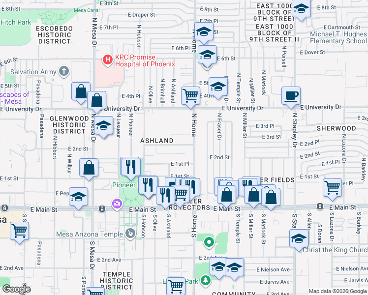 map of restaurants, bars, coffee shops, grocery stores, and more near 752 East 2nd Street in Mesa
