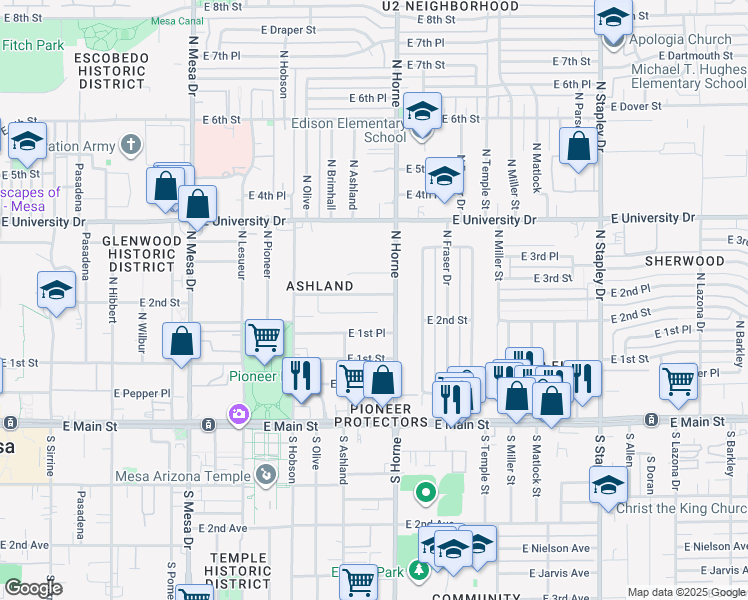map of restaurants, bars, coffee shops, grocery stores, and more near 752 East 2nd Street in Mesa