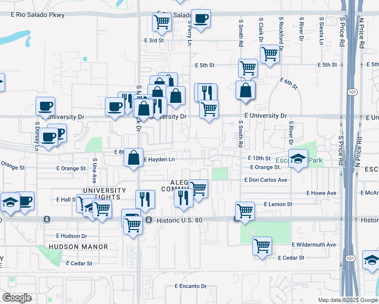 map of restaurants, bars, coffee shops, grocery stores, and more near South Apartment in Tempe