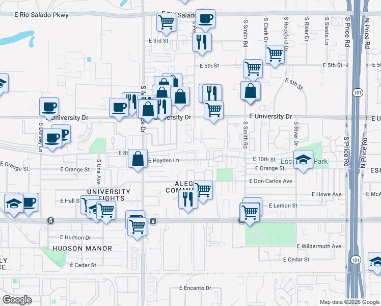 map of restaurants, bars, coffee shops, grocery stores, and more near 1905 East University Drive in Tempe