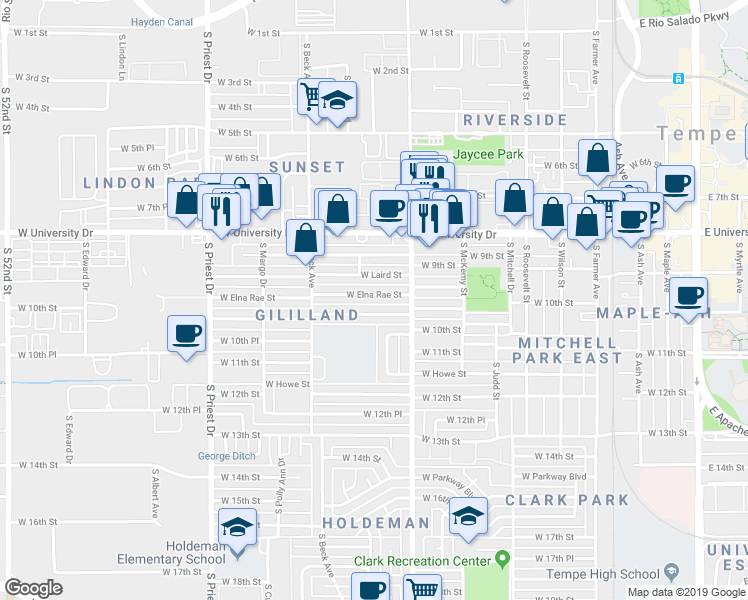 map of restaurants, bars, coffee shops, grocery stores, and more near 1046 West Elna Rae Street in Tempe