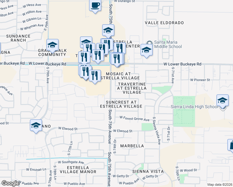 map of restaurants, bars, coffee shops, grocery stores, and more near 3112 South 74th Lane in Phoenix