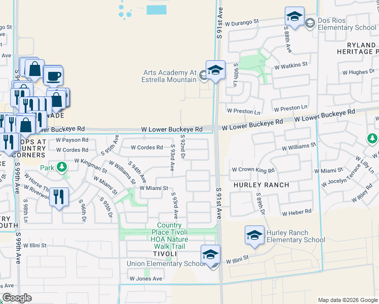 map of restaurants, bars, coffee shops, grocery stores, and more near 2912 South 92nd Drive in Tolleson