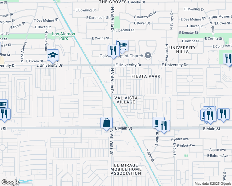 map of restaurants, bars, coffee shops, grocery stores, and more near 233 North Val Vista Drive in Mesa