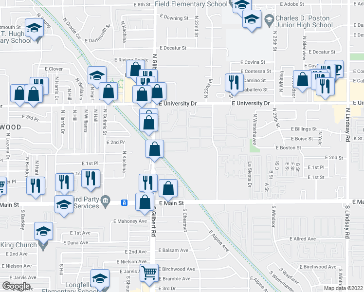 map of restaurants, bars, coffee shops, grocery stores, and more near 225 North Gilbert Road in Mesa