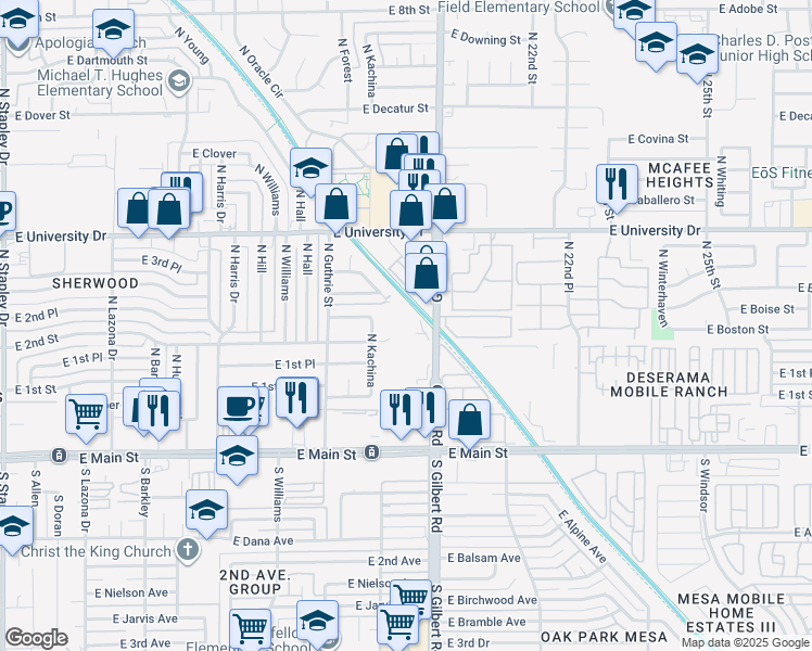 map of restaurants, bars, coffee shops, grocery stores, and more near 214 North Gilbert Road in Mesa