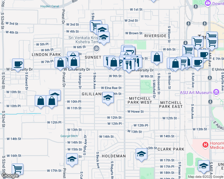 map of restaurants, bars, coffee shops, grocery stores, and more near 1046 West Elna Rae Street in Tempe