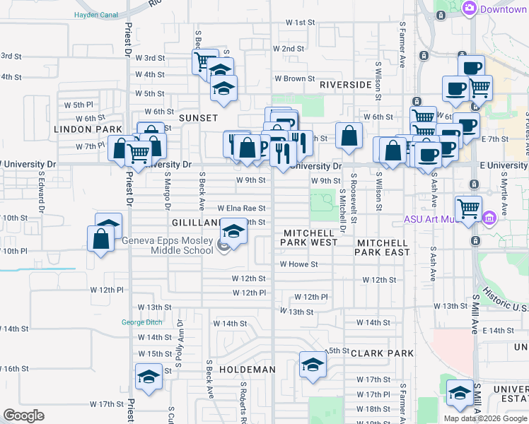 map of restaurants, bars, coffee shops, grocery stores, and more near 1000 West Elna Rae Street in Tempe