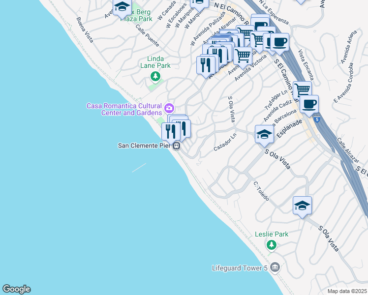 map of restaurants, bars, coffee shops, grocery stores, and more near 606 Avenida Victoria in San Clemente