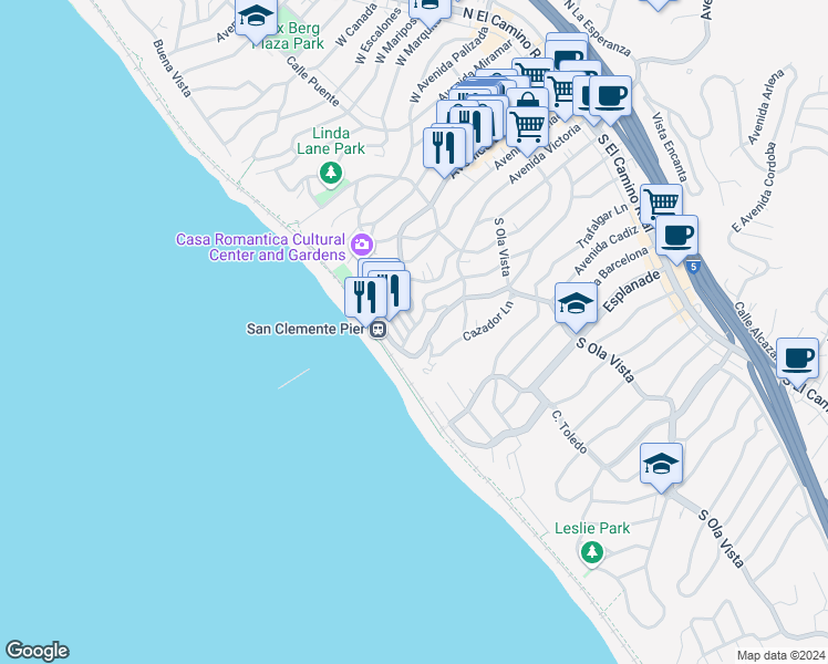 map of restaurants, bars, coffee shops, grocery stores, and more near 515 Monterey Lane in San Clemente