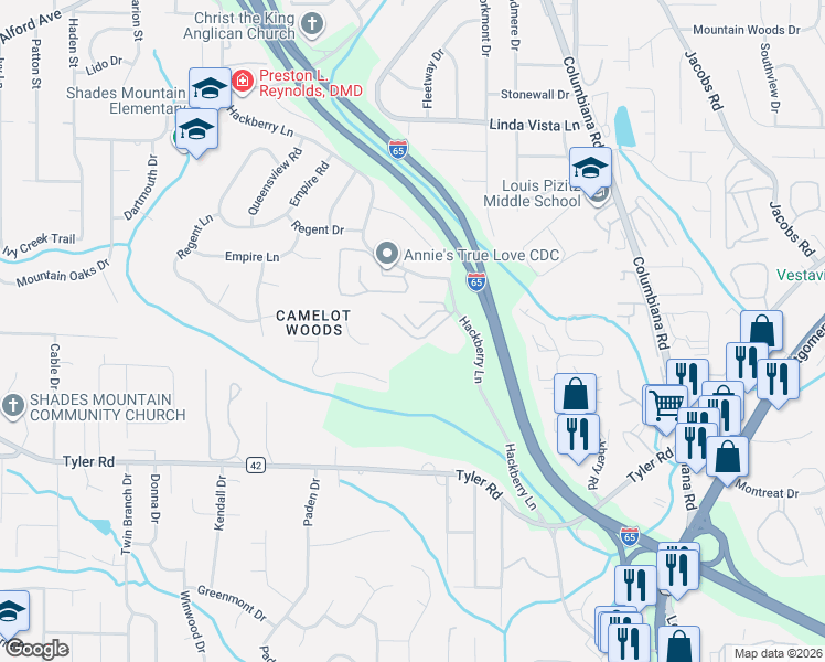 map of restaurants, bars, coffee shops, grocery stores, and more near 2518 Hackberry Lane in Hoover