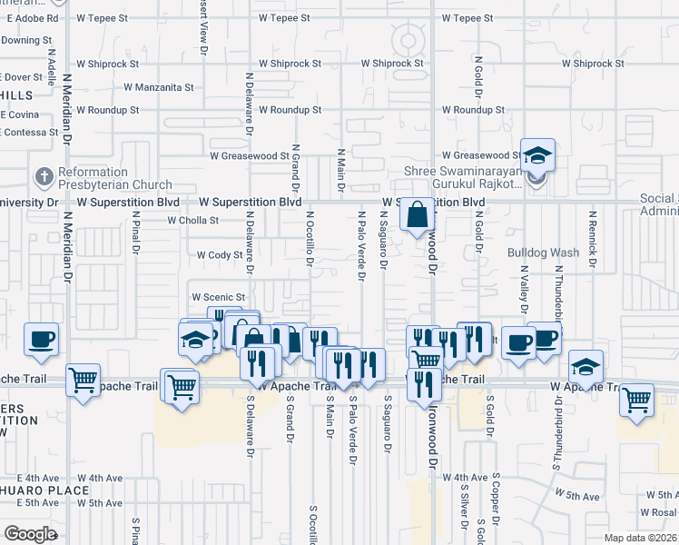 map of restaurants, bars, coffee shops, grocery stores, and more near 545 North Ocotillo Drive in Apache Junction