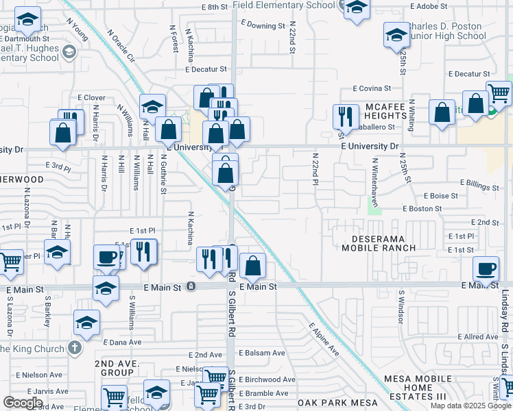 map of restaurants, bars, coffee shops, grocery stores, and more near 265 North Gilbert Road in Mesa