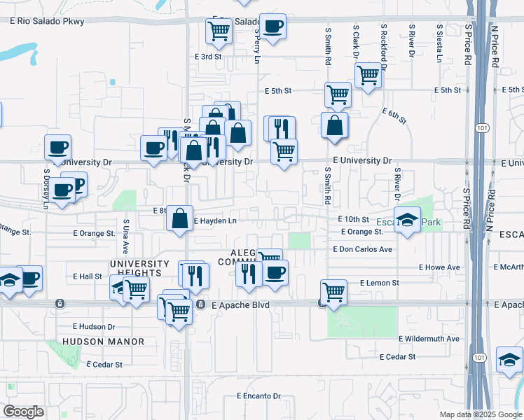 map of restaurants, bars, coffee shops, grocery stores, and more near South Apartment in Tempe