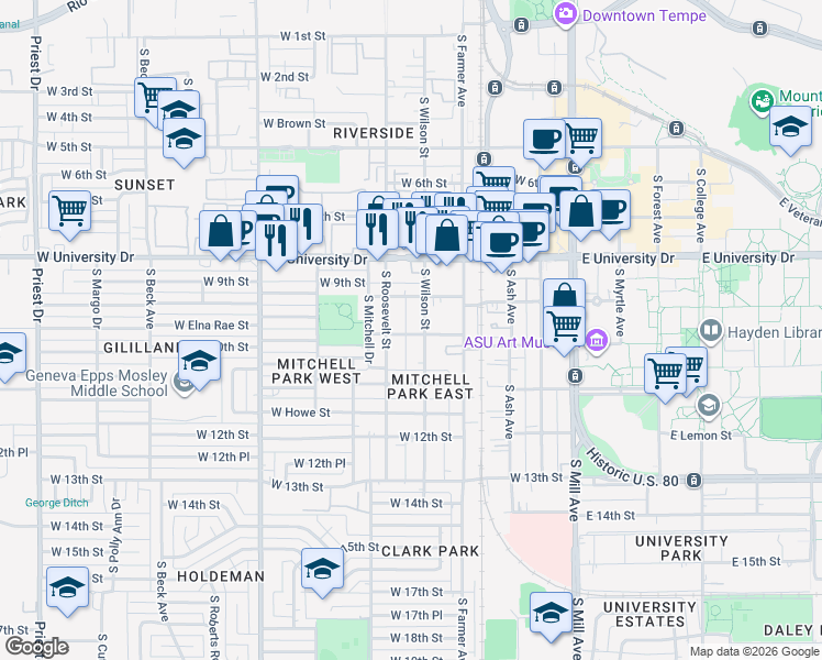 map of restaurants, bars, coffee shops, grocery stores, and more near in Tempe