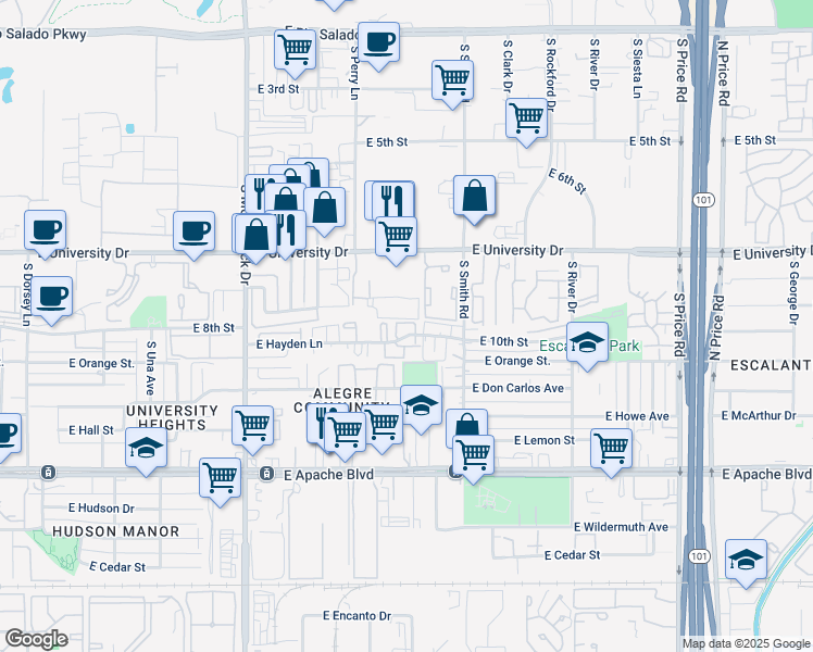 map of restaurants, bars, coffee shops, grocery stores, and more near 1905 East University Drive in Tempe