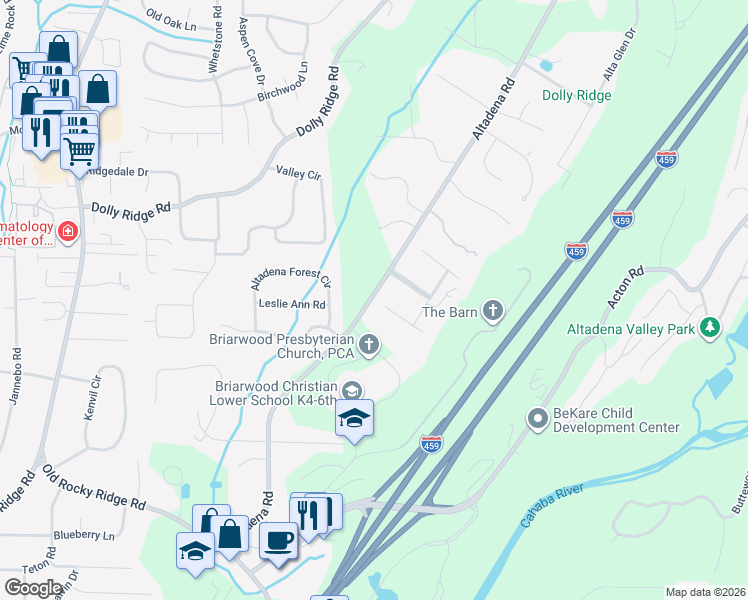 map of restaurants, bars, coffee shops, grocery stores, and more near 2553 Altadena Road in Vestavia Hills