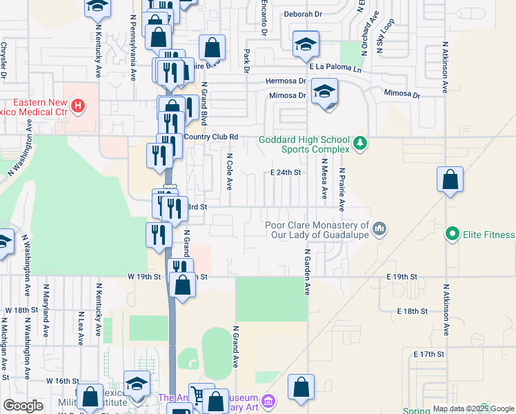 map of restaurants, bars, coffee shops, grocery stores, and more near 2305 North Texas Avenue in Roswell