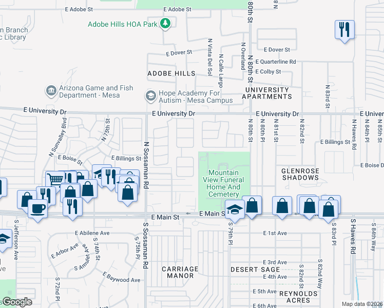 map of restaurants, bars, coffee shops, grocery stores, and more near 245 North Greenwood in Mesa