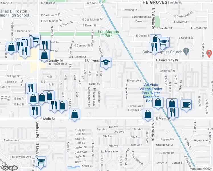 map of restaurants, bars, coffee shops, grocery stores, and more near 3319 East University Drive in Mesa
