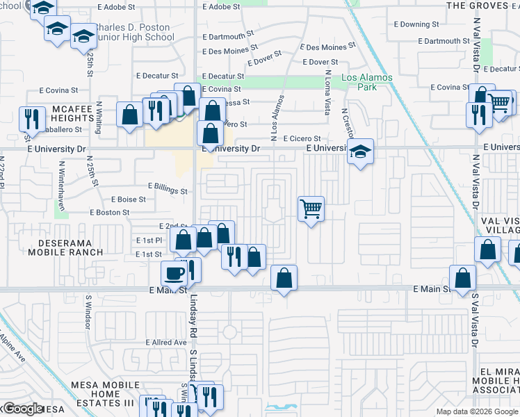 map of restaurants, bars, coffee shops, grocery stores, and more near J St in Mesa