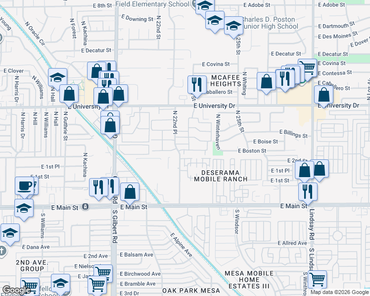 map of restaurants, bars, coffee shops, grocery stores, and more near North Stratford Place Amended in Mesa