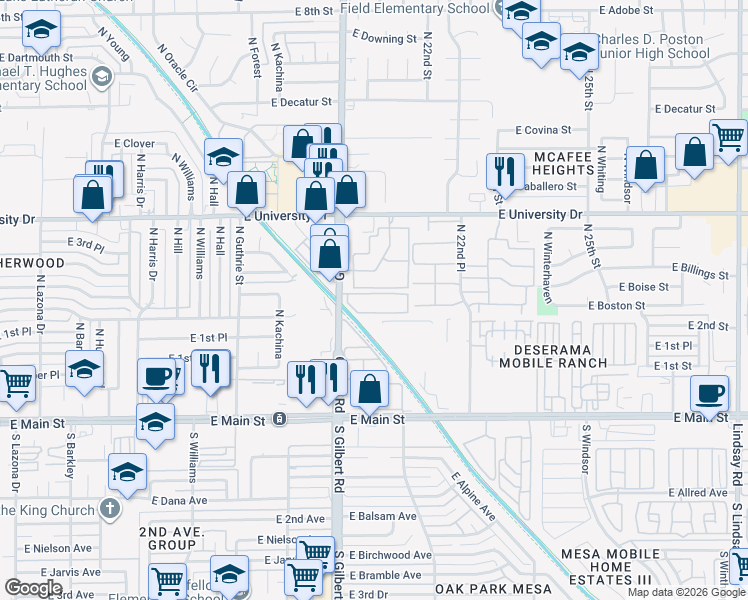 map of restaurants, bars, coffee shops, grocery stores, and more near 265 North Gilbert Road in Mesa