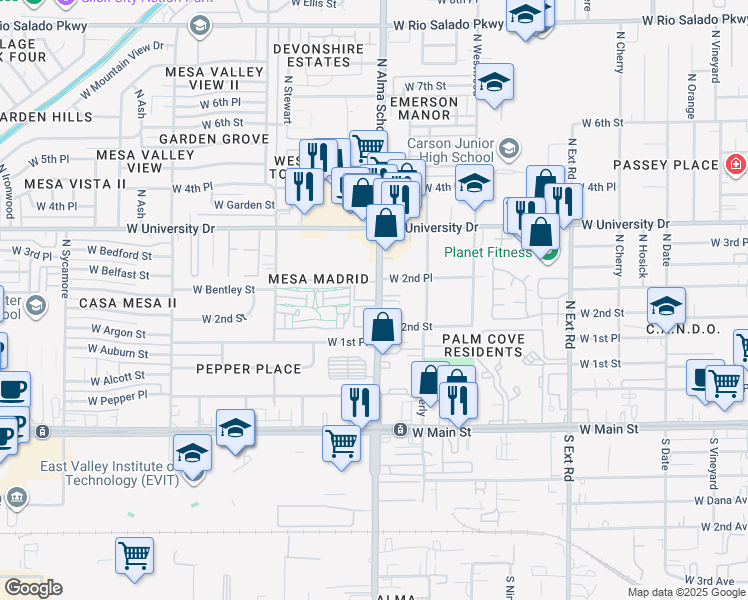 map of restaurants, bars, coffee shops, grocery stores, and more near 311 North Alma School Road in Mesa